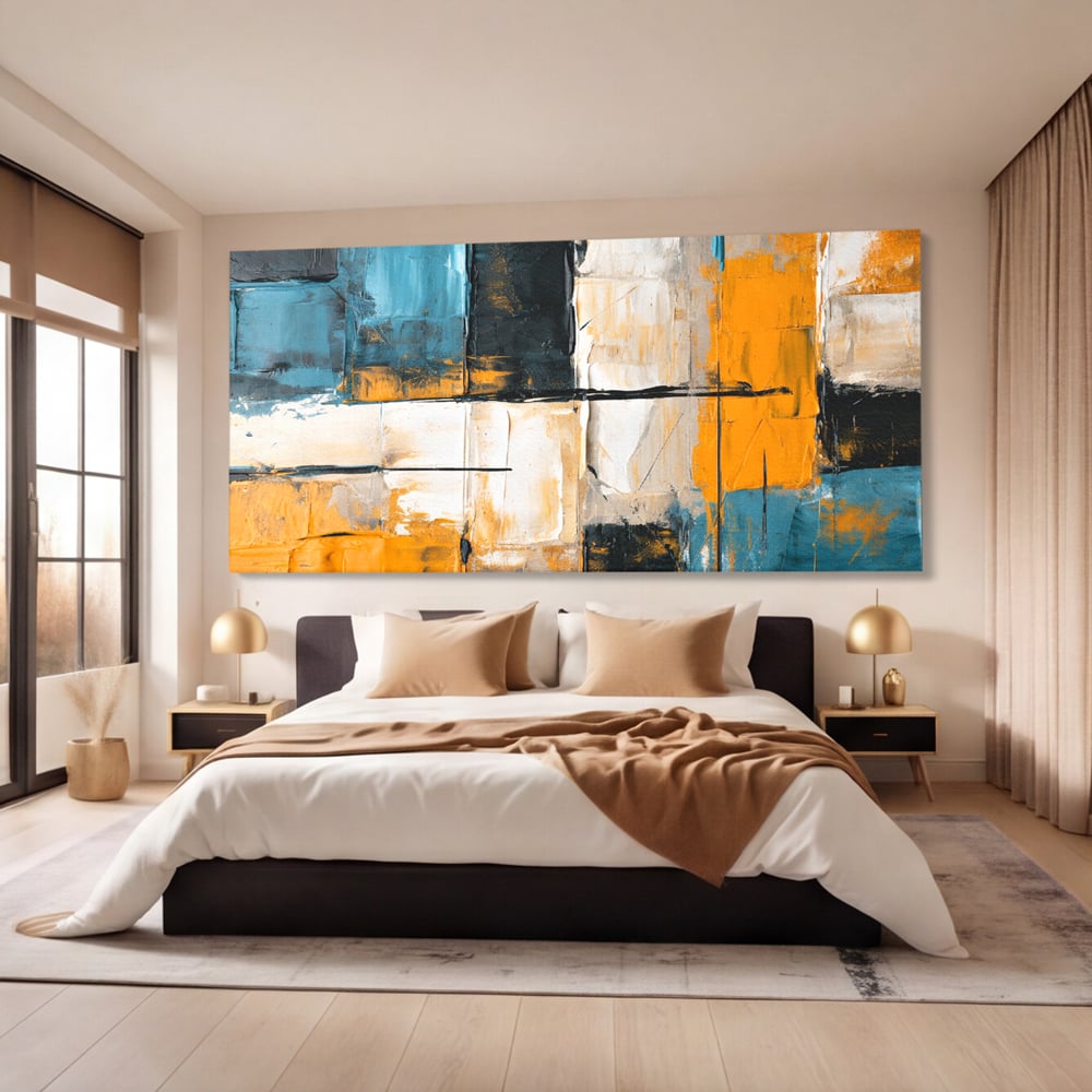 Tablou canvas cu tablou canvas abstract geometric, fara rama, pe sasiu de lemn, pe perete intr-un dormitor